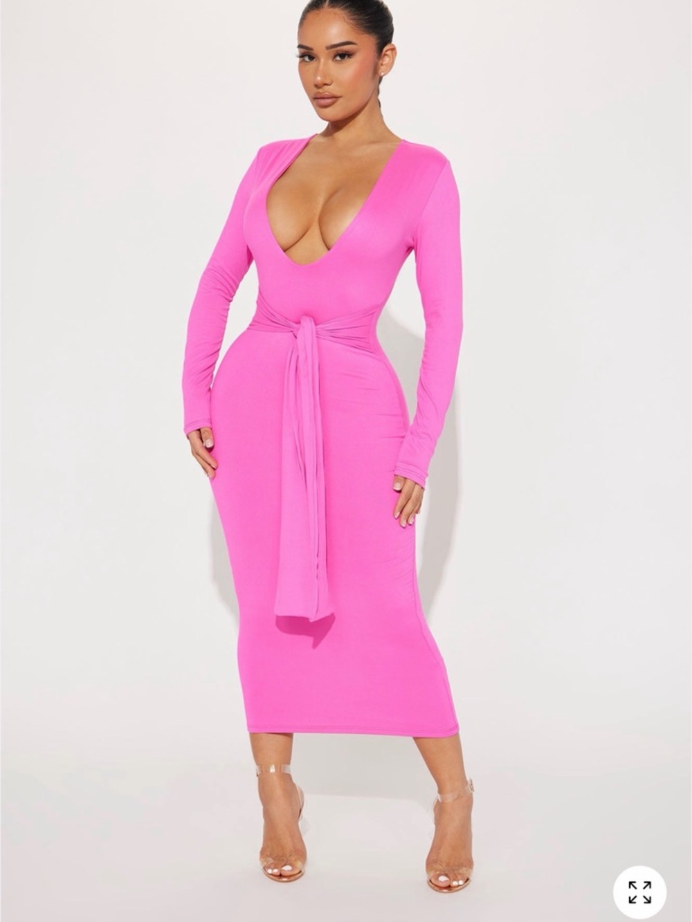 Fashion Nova Hot Pink Long Sleeve Midi Dress with Waist Tie
